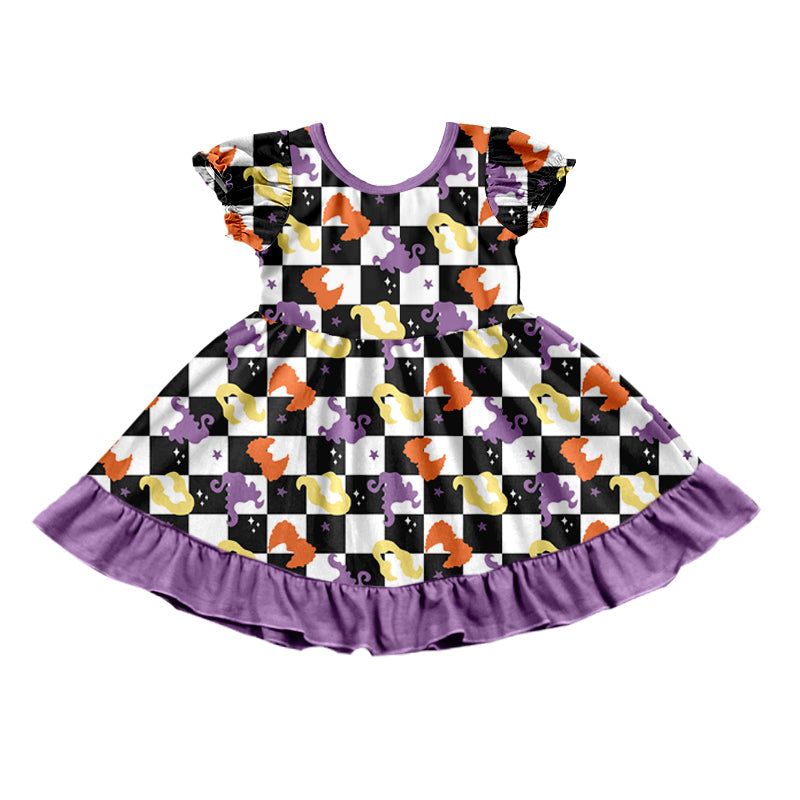 presale GSD1307 girls witch black and white plaid purple lace short-sleeved dress