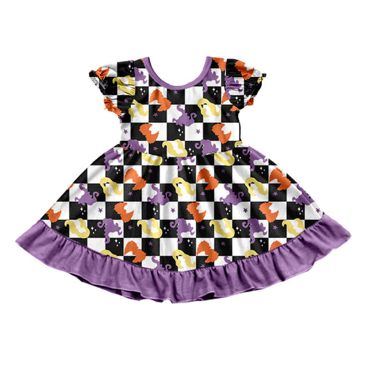 presale GSD1307 girls witch black and white plaid purple lace short-sleeved dress