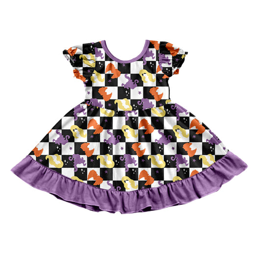 presale GSD1307 hocus pocus witch black and white plaid purple lace short-sleeved dress