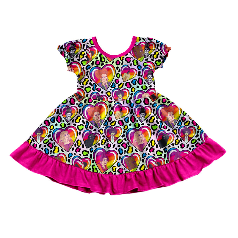 presale GSD1308 girls Halloween colorful leopard print rose red lace short-sleeved dress