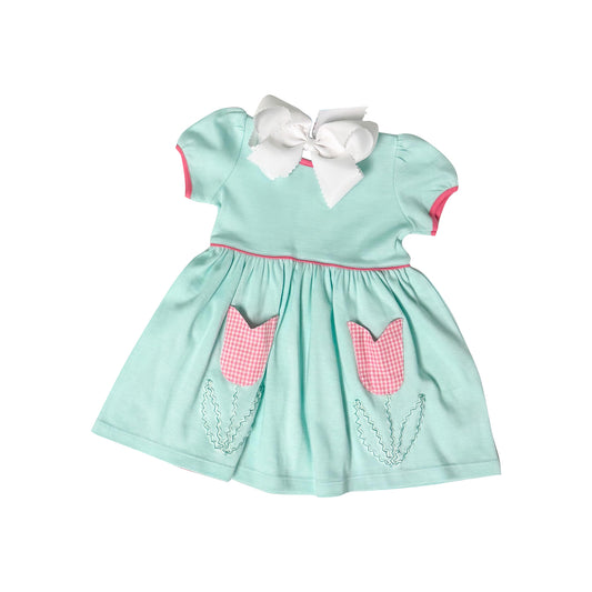 presale GSD1309 Tulip plaid floral pocket teal striped short-sleeved dress