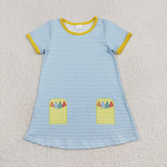GSD1311 Pastel yellow plaid blue striped short-sleeved dress
