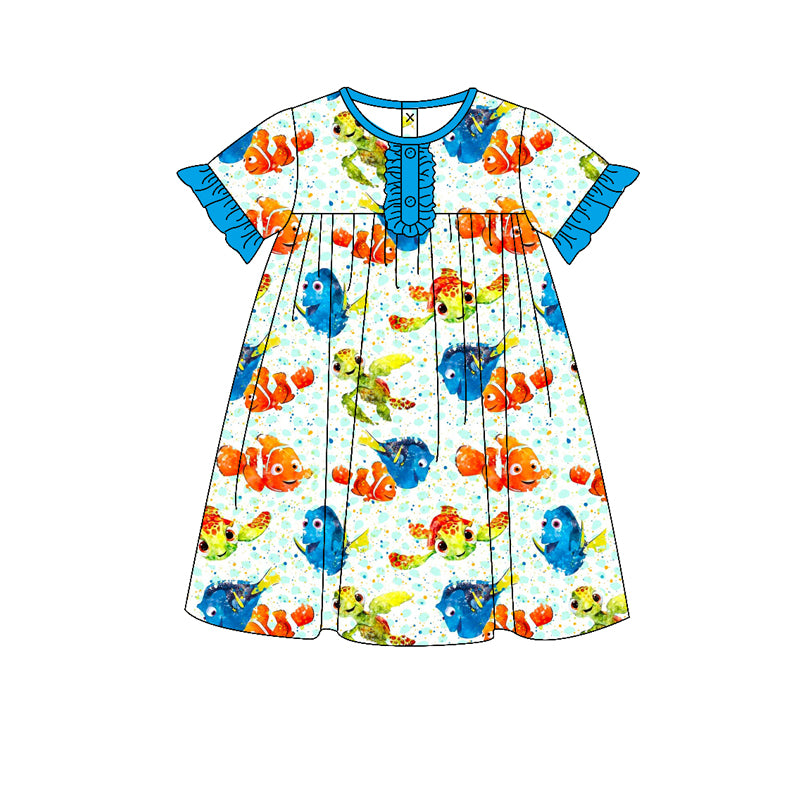 GSD1312 Turtle and fish blue lace short-sleeved dress