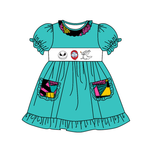 presale GSD1313 The Nightmare Before Christmas patchwork pocket teal short-sleeved dress