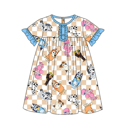 presale GSD1315 Plaid blue lace short-sleeved dress
