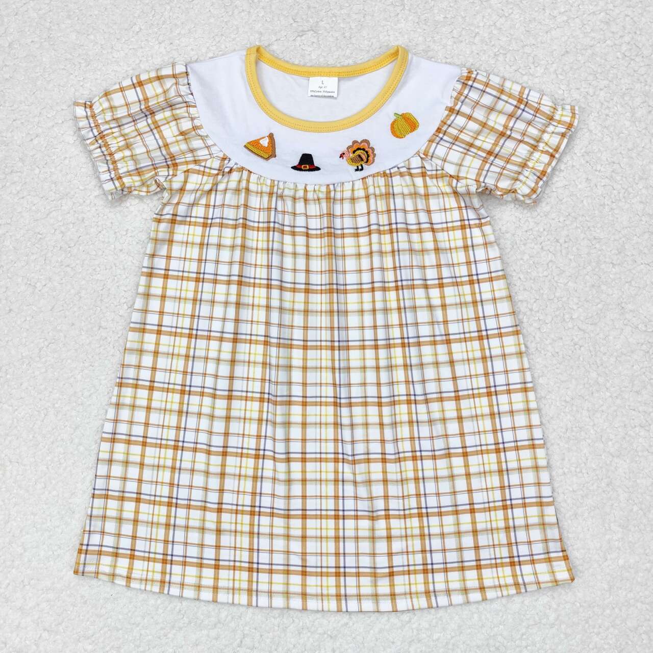 GSD1322 Embroidery Hat Turkey Pumpkin Orange Plaid Short Sleeve Dress