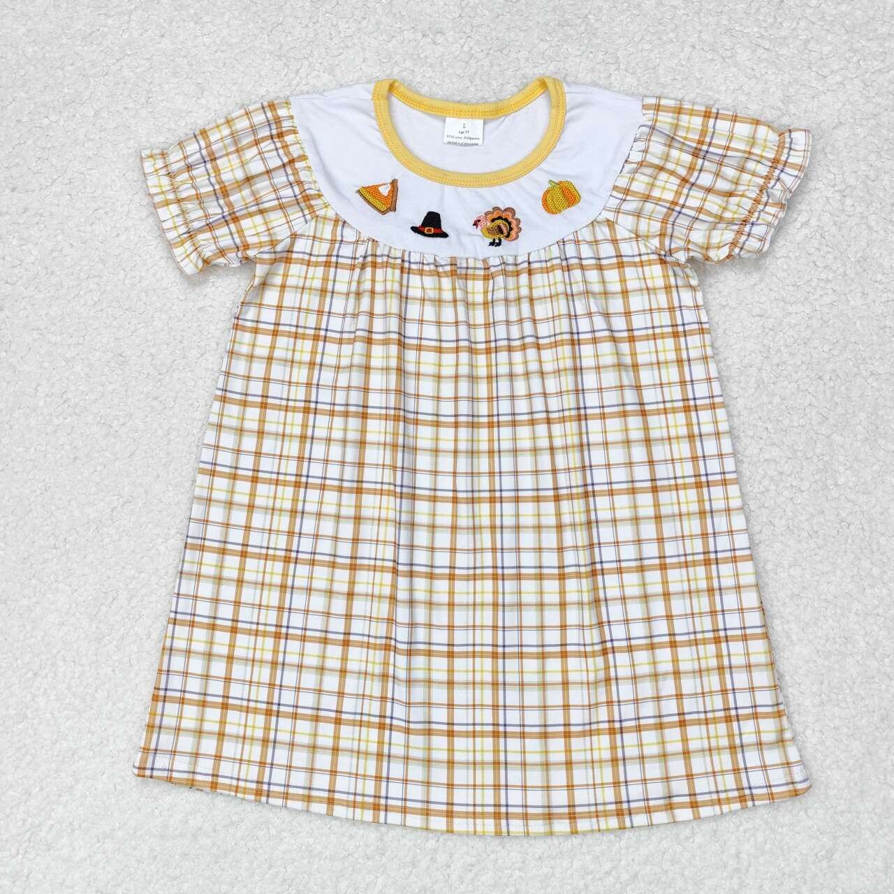 GSD1322 Embroidery Hat Turkey Pumpkin Orange Plaid Short Sleeve Dress