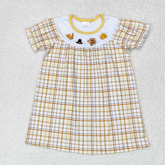 GSD1322 Embroidery Hat Turkey Pumpkin Orange Plaid Short Sleeve Dress