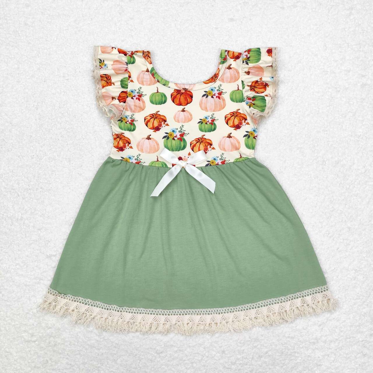 GSD1326 Pumpkin Flower Lace Green Fly Sleeve Dress