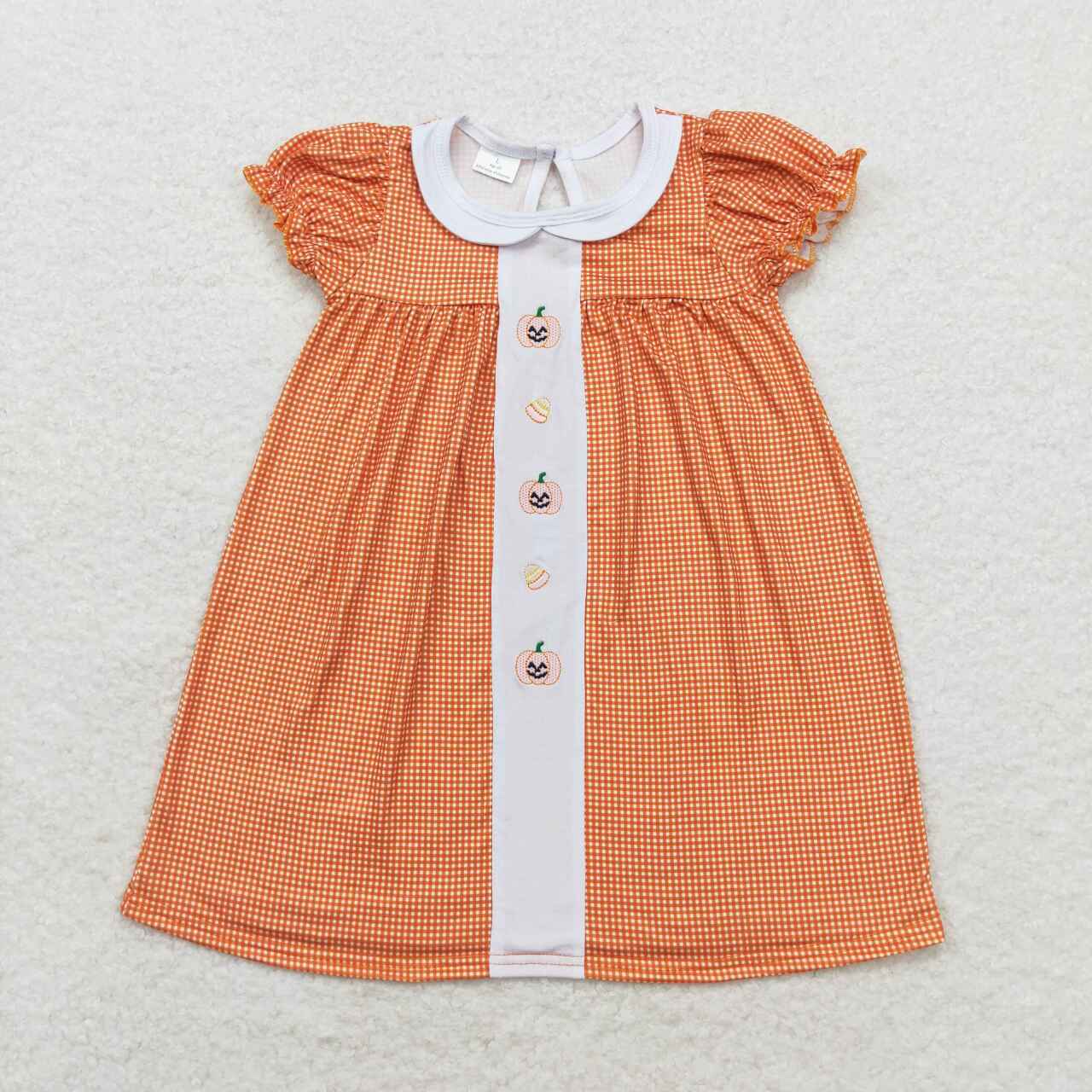 GSD1337 Embroidered Pumpkin Candy Doll Collar Orange Plaid Short Sleeve Dress