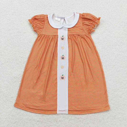 GSD1337 Embroidered Pumpkin Candy Doll Collar Orange Plaid Short Sleeve Dress
