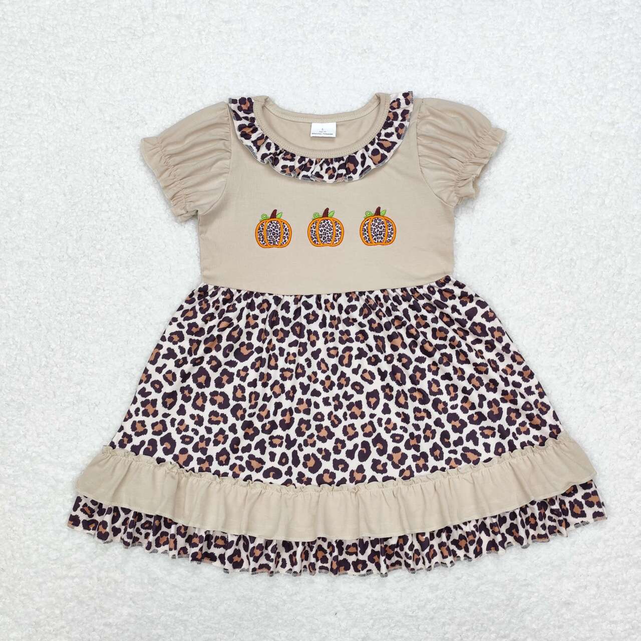 GSD1347 Embroidered Leopard Print Pumpkin Lace Short Sleeve Dress