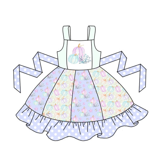 presale GSD1351 Pumpkin polka dot purple lace belt patchwork sleeveless dress