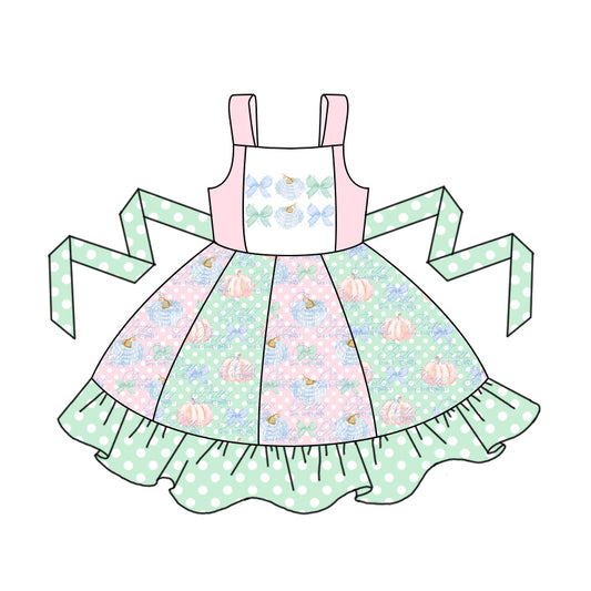 presale GSD1352 Pumpkin bow pattern polka dot green lace belt patchwork sleeveless dress
