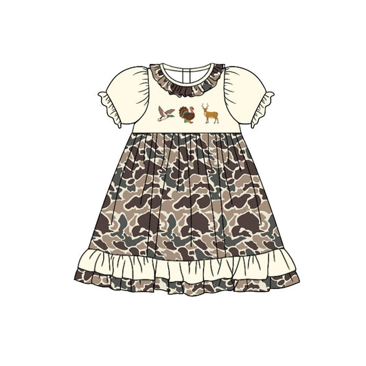 presale GSD1353 Duck Turkey Deer Camouflage Lace Beige Short Sleeve Dress