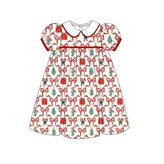 presale GSD1355 Christmas tree cane gift bow pattern baby collar short sleeve dress
