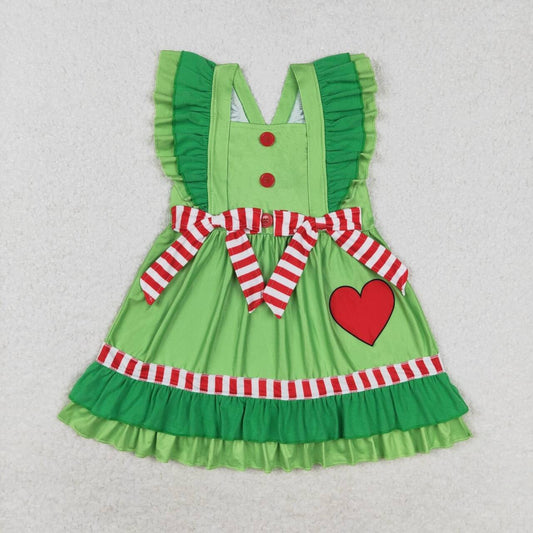 GSD1356 Heart Red and White Striped Bowknot Green Lace Flying Sleeve Dress