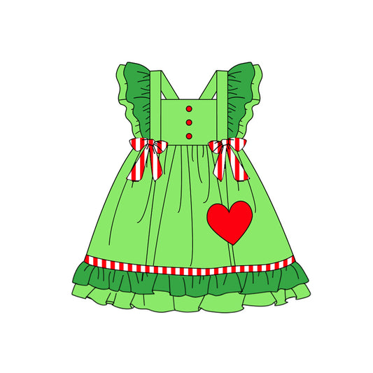 presal GSD1356 Heart Red and White Striped Bowknot Green Lace Flying Sleeve Dress