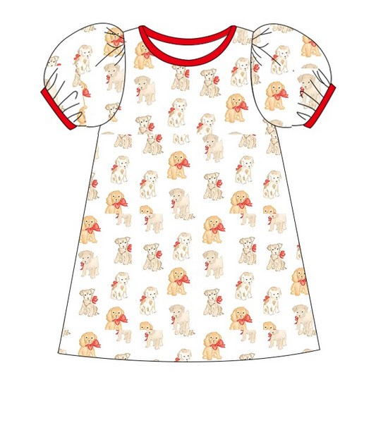 presale GSD1357 White short-sleeved dress with a bow and puppy