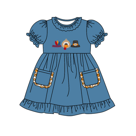 presale GSD1359 Turkey Hat Lace Pocket Blue Short Sleeve Dress