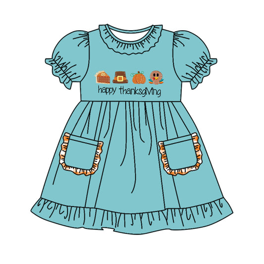 presale GSD1360 Turkey Pumpkin Lace Pocket Teal Short Sleeve Dress