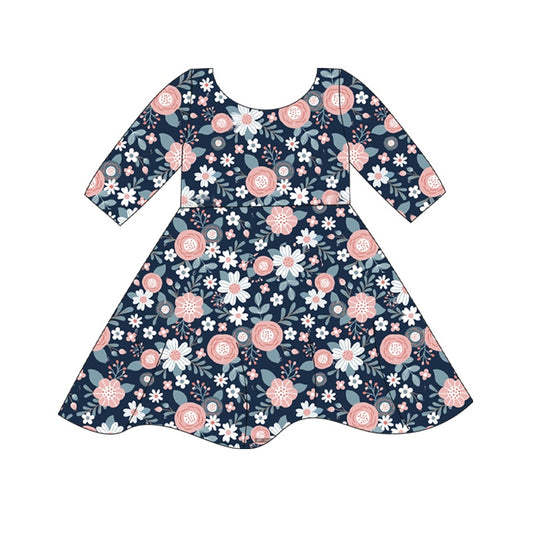 presale GSD1363 Flower and leaf navy blue short-sleeved dress