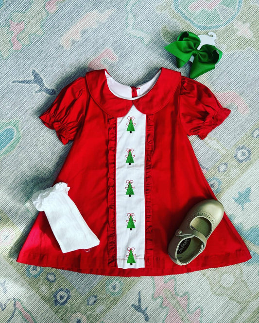 presale  GSD1374 Baby Girls Christmas Tree Red Short Sleeve Knee Length Dresses