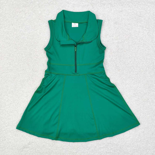 GSD1380 Solid Green Zipper Yoga Wear Sleeveless Dress