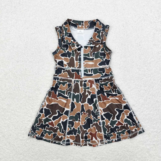 GSD1382 Brown Green Camouflage Beige Zipper Yoga Wear Sleeveless Dress