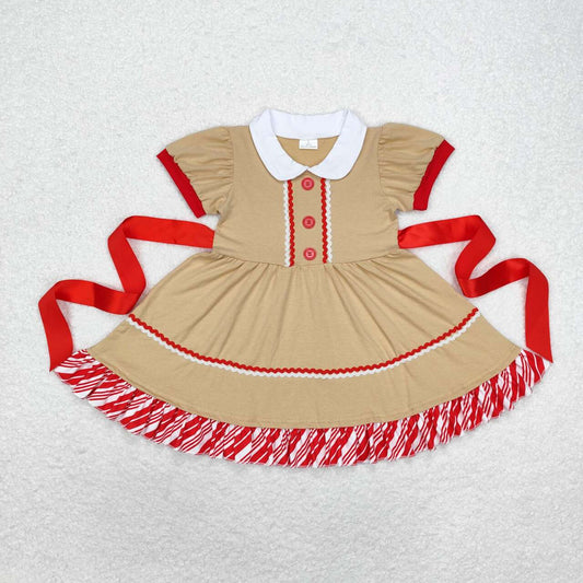 GSD1389 Christmas Doll Collar Striped Lace Red Belt Brown Short Sleeve Dress