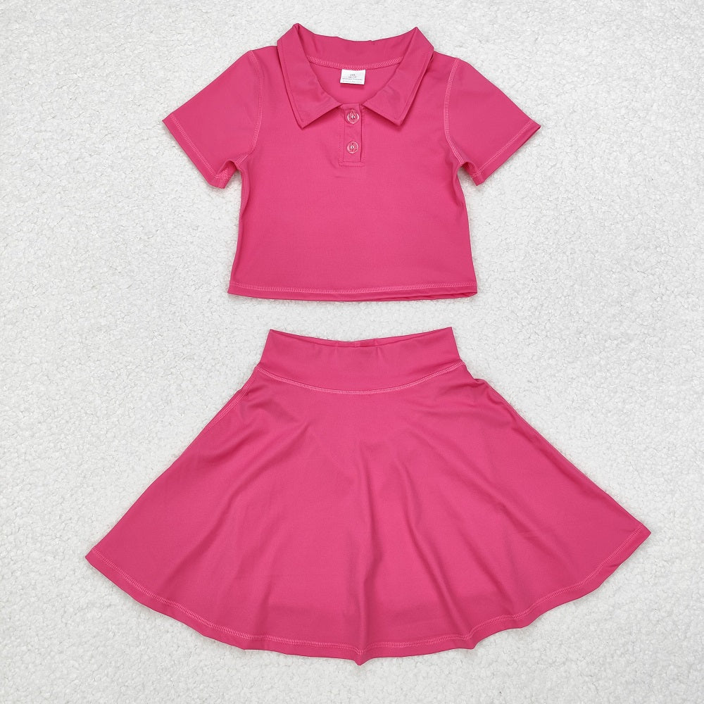 GSD1391 Solid color rose red short-sleeved skirt yoga suit