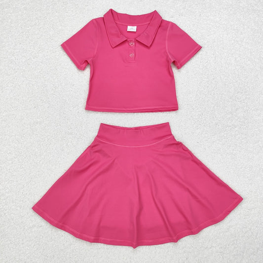 GSD1391 Solid color rose red short-sleeved skirt yoga suit