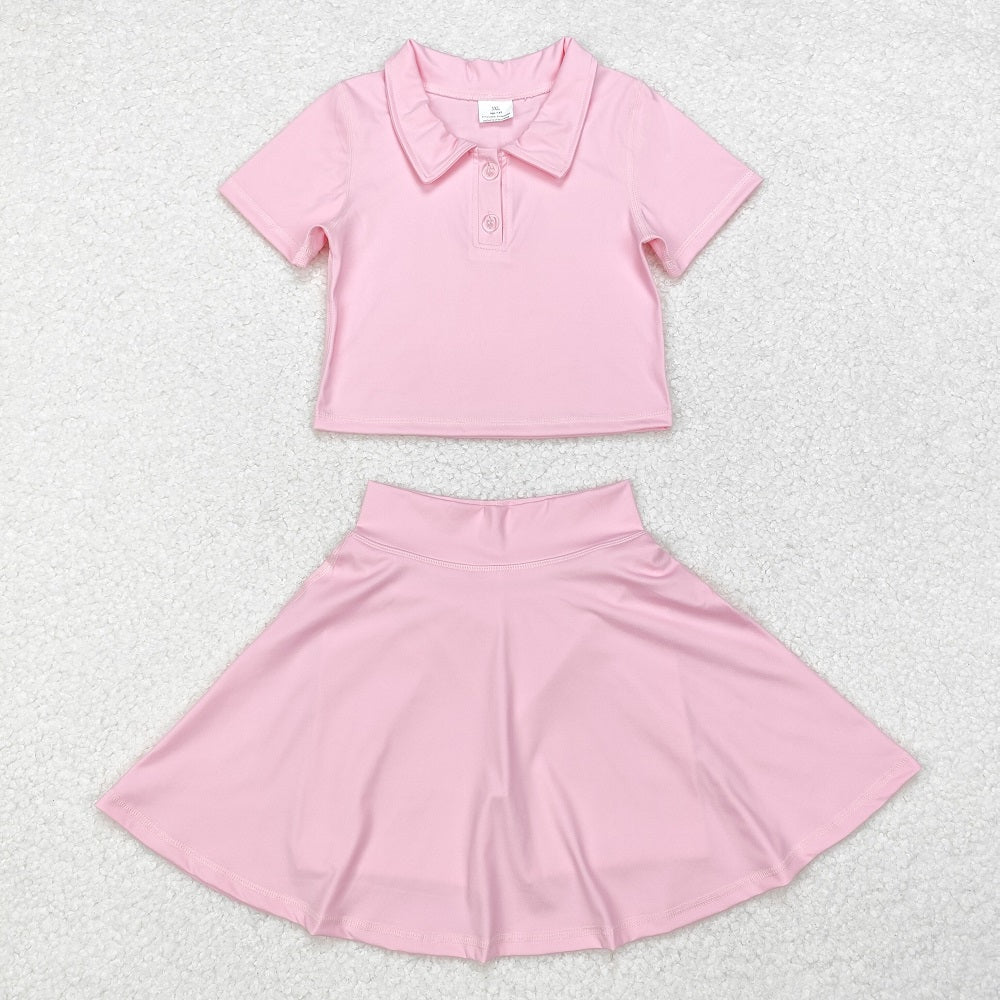GSD1393 Solid pink short-sleeved skirt yoga suit