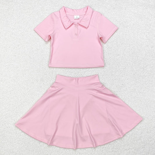 GSD1393 Solid pink short-sleeved skirt yoga suit