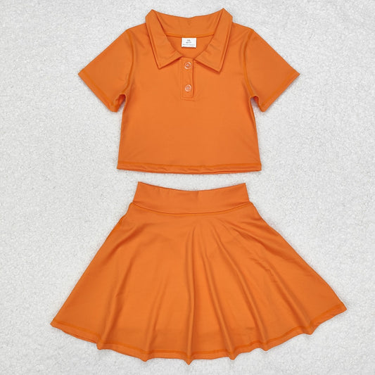 GSD1394 Solid Orange Short Sleeve Skirt Yoga Suit