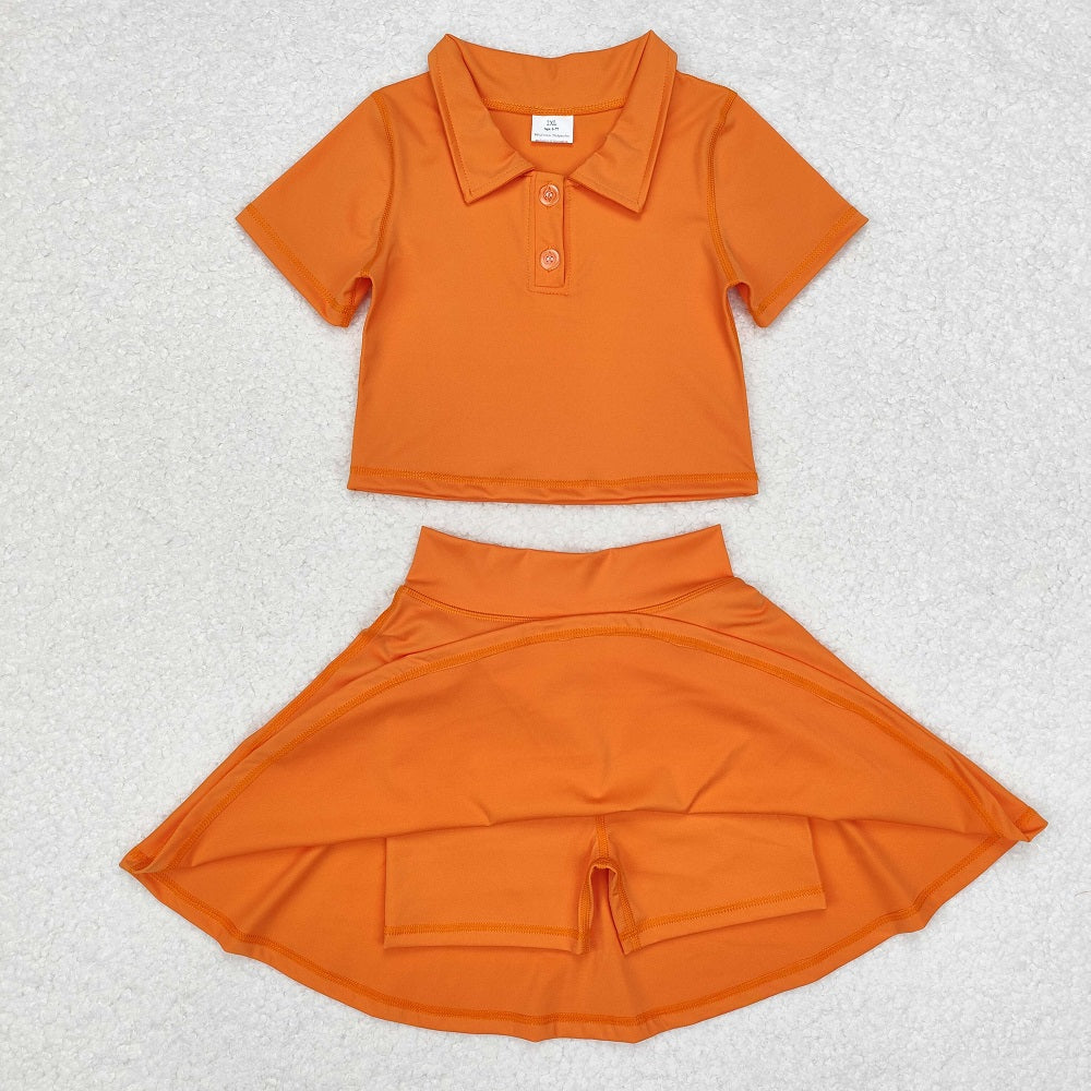 GSD1394 Solid Orange Short Sleeve Skirt Yoga Suit