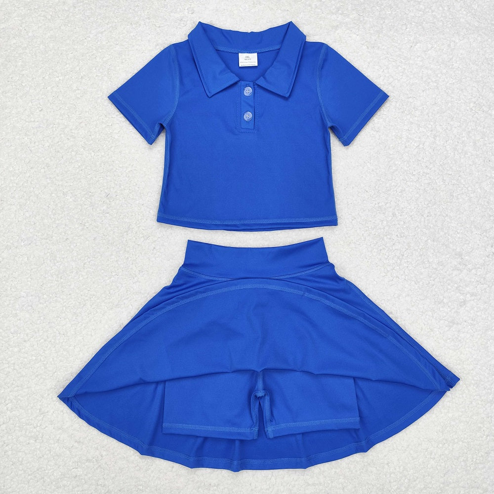 GSD1396 Solid blue short-sleeved skirt yoga suit