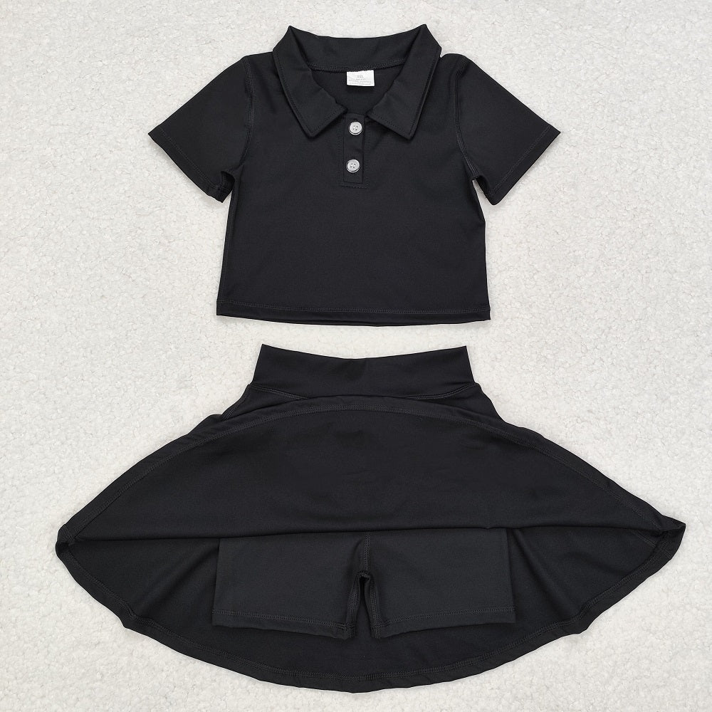 GSD1397 Solid black short-sleeved skirt yoga suit