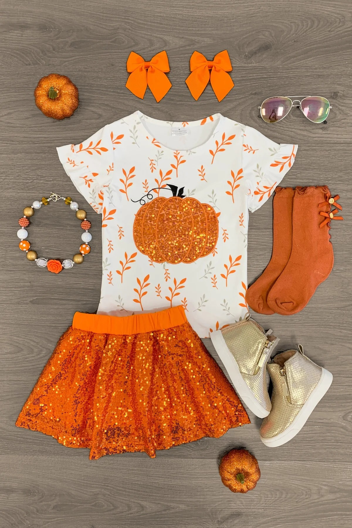 GSD1437 Pumpkin White Short Sleeve Orange Sequin Skirt Suit