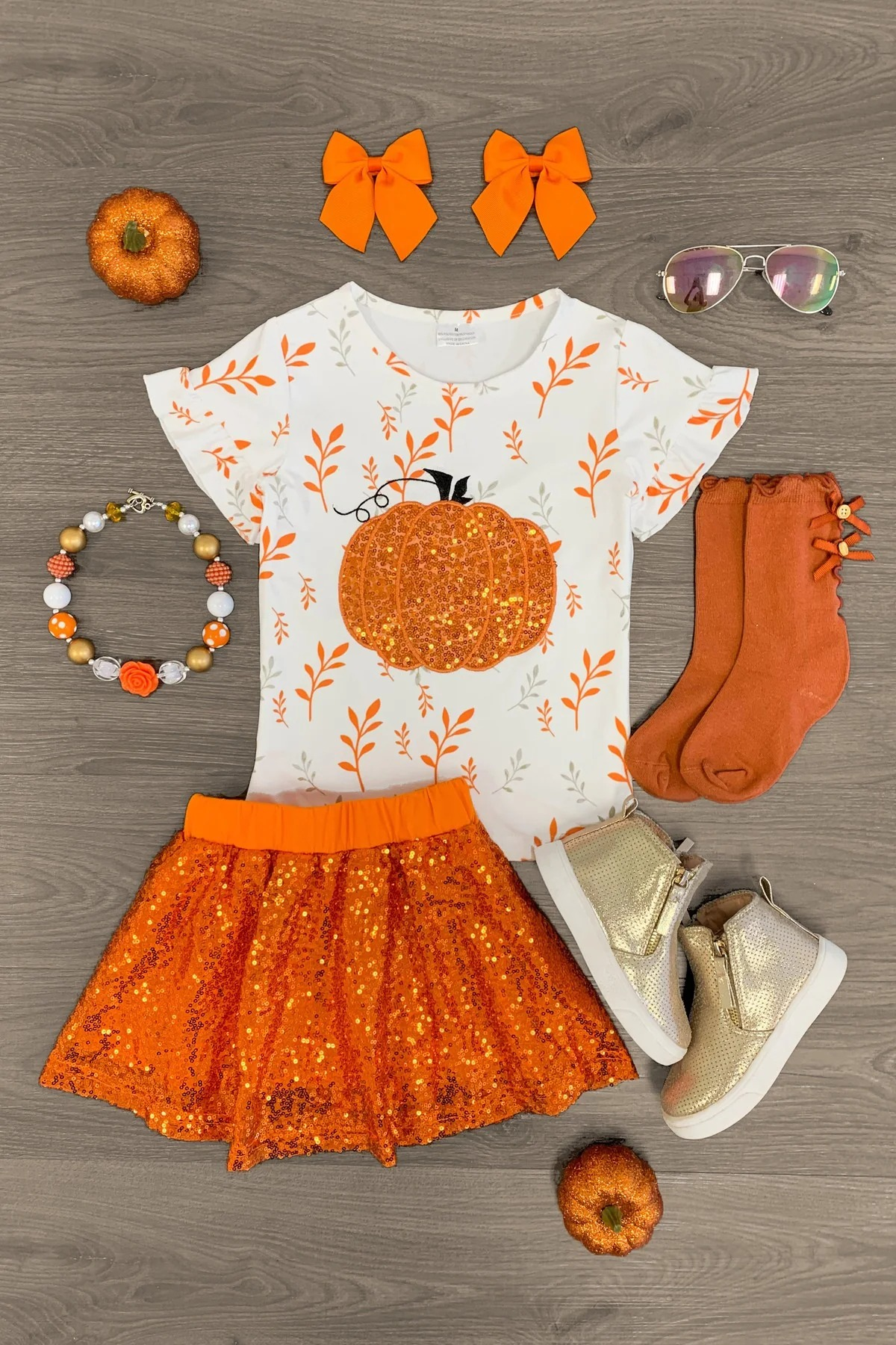 presale GSD1399 Pumpkin White Short Sleeve Orange Sequin Skirt Suit