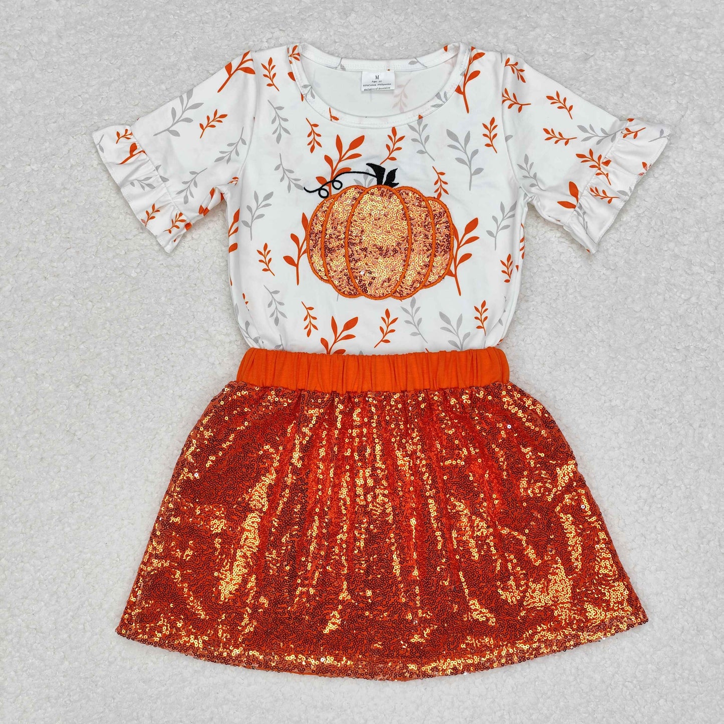 GSD1437 Pumpkin White Short Sleeve Orange Sequin Skirt Suit