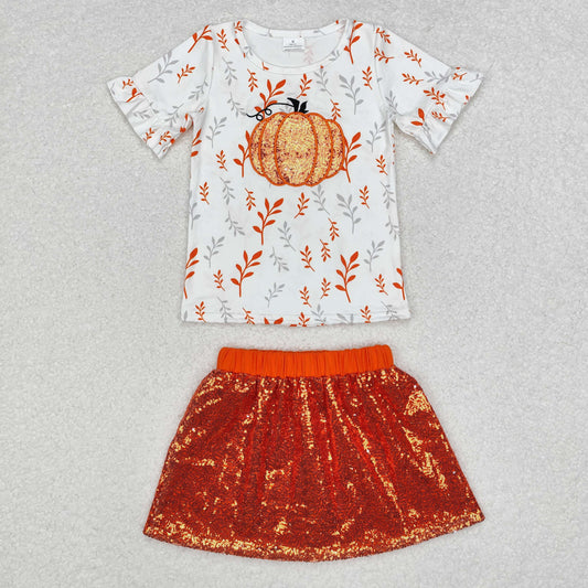 GSD1437 Pumpkin White Short Sleeve Orange Sequin Skirt Suit