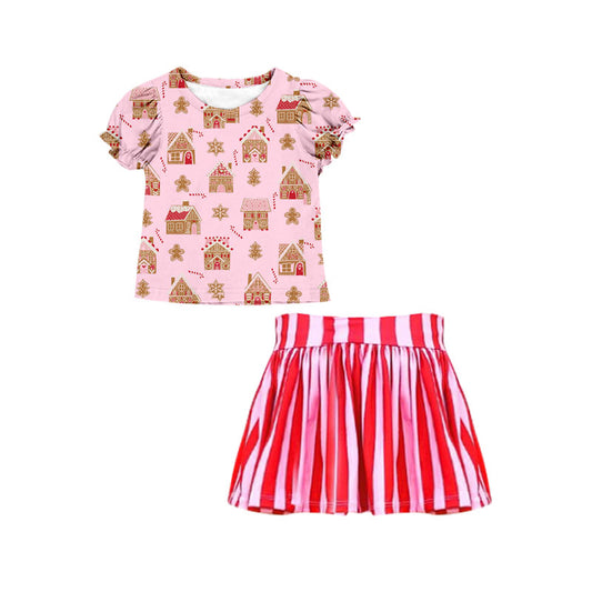 presale GSD1401 Gingerbread House Pink Short Sleeve Striped Skirt Suit