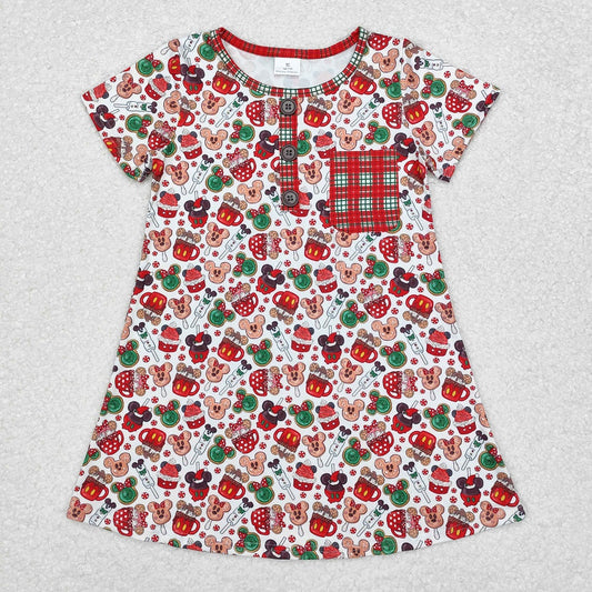 GSD1403 Christmas Cup Plaid Pocket White Short Sleeve Dress