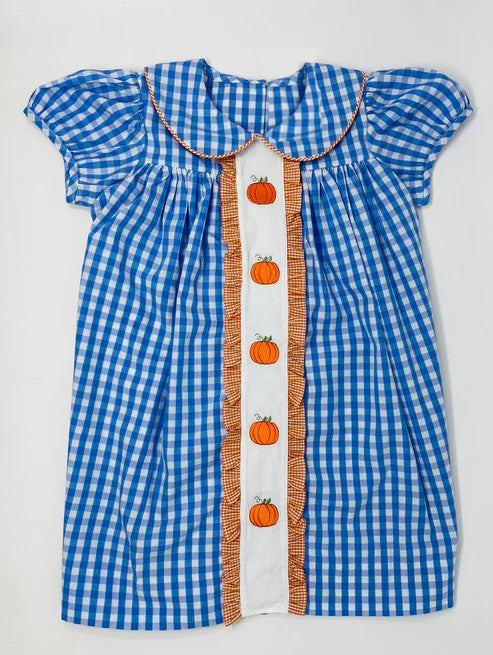 presale GSD1412 Pumpkin Blue Plaid Doll Collar Short Sleeve Dress 2024 7.19