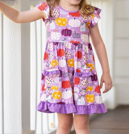 presale GSD1416 Halloween Colorful Pumpkin Purple Short Sleeve Dress 2024 7.27