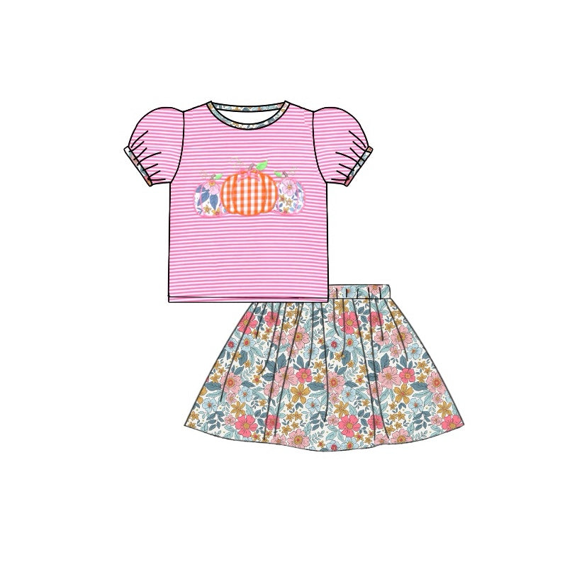 presale GSD1419  Pumpkin Pink Striped Short Sleeve Top Floral Skirt Set 2024 7.29