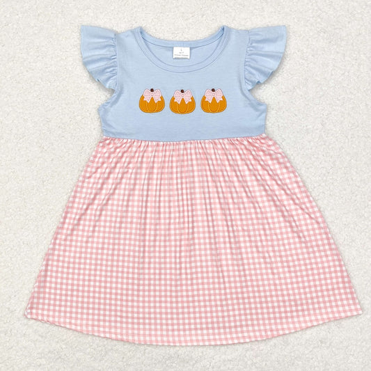 GSD1421 Pumpkin Pattern Pink Plaid Short Sleeve One-Piece Dress