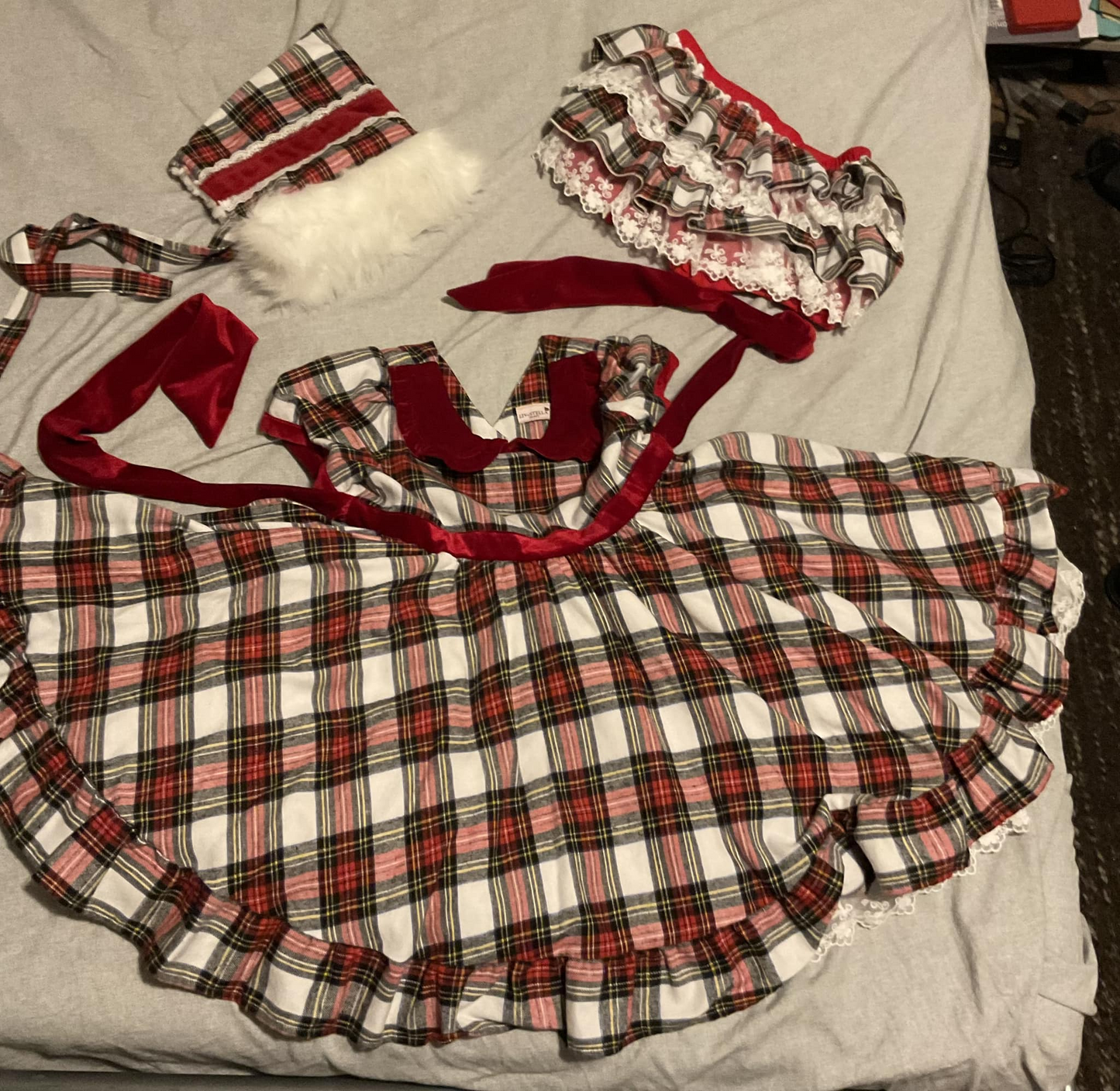 presale GSD1423 Christmas Red Belt Doll Collar Plaid Short Sleeve Dress  8.2