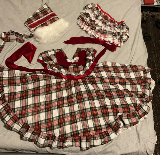 presale GSD1423 Christmas Red Belt Doll Collar Plaid Short Sleeve Dress 8.2